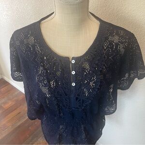 Eyeshadow - Navy Lace Button-Front Top-Large Open Sleeves-Size Medium